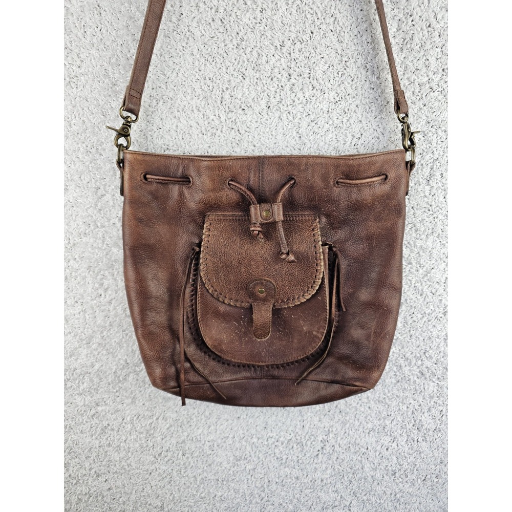 Vintage Myra Leather Drawstring Bucket Bag Purse Tote Crossbody Boho Distressed